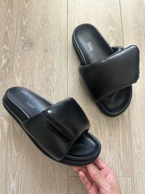 Tkees Shoes Max Puffy Velcro Slides Sandals Slip On Faux Leather Black Sz 9
